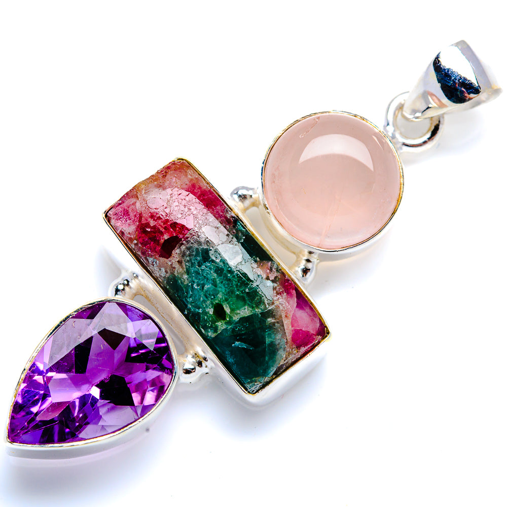 Natural Tourmaline, Amethyst, Rose Quartz 925 Sterling Silver Pendant 2" (925 Sterling Silver) PD38347
