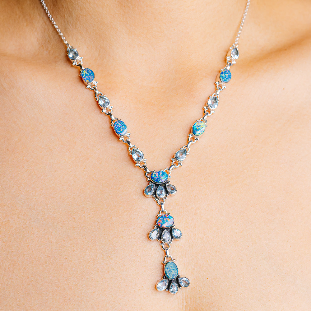 Doublet Opal, Blue Topaz Necklace 18 to 20" (.925 Sterling Silver)