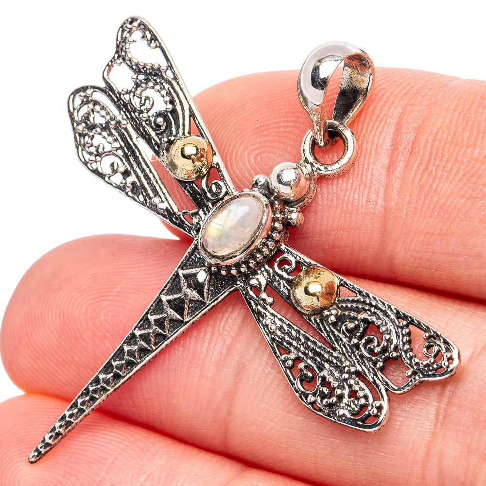 Dainty Rainbow Moonstone Dragonfly Pendant 1 5/8" (925 Sterling Silver) P45225