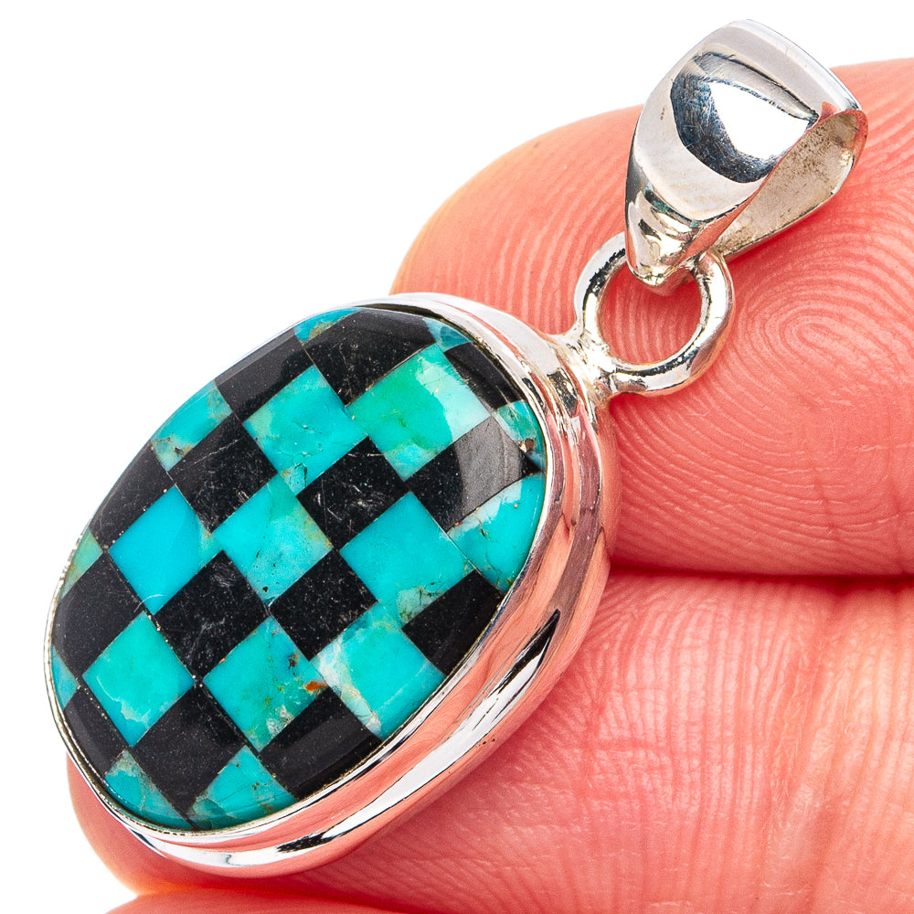 Rare Kingman Turquoise Black Onyx Pendant 1 1/4" (.925 Sterling Silver)
