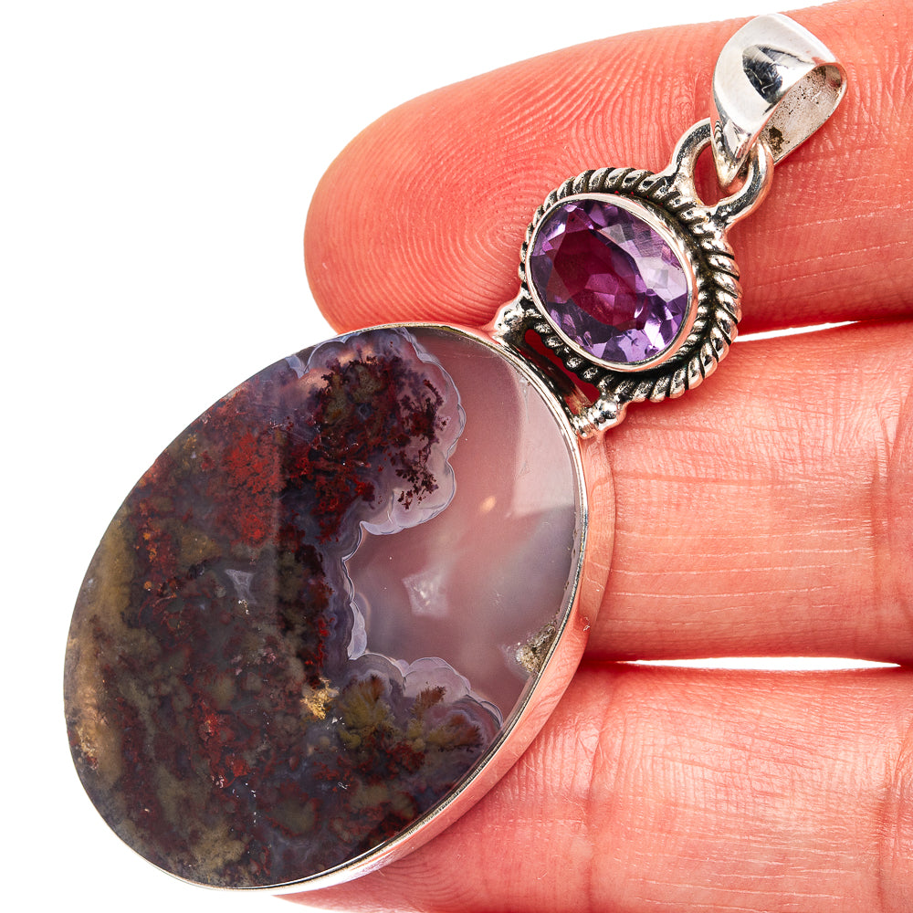 Premium Indonesian Plume Agate, Amethyst Pendant 2 1/4" (.925 Sterling Silver)