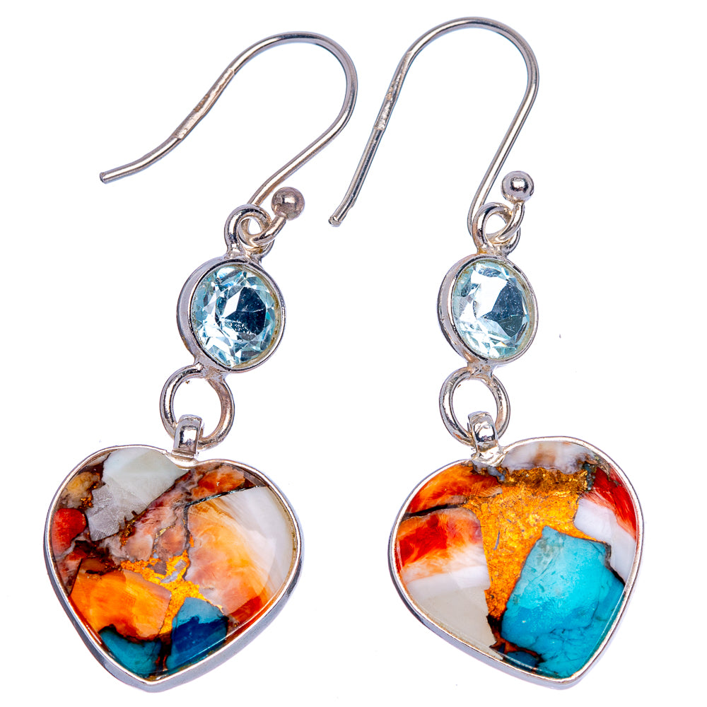 Spiny Oyster Turquoise, Blue Topaz Earrings 1 3/4" (925 Sterling Silver) E433282