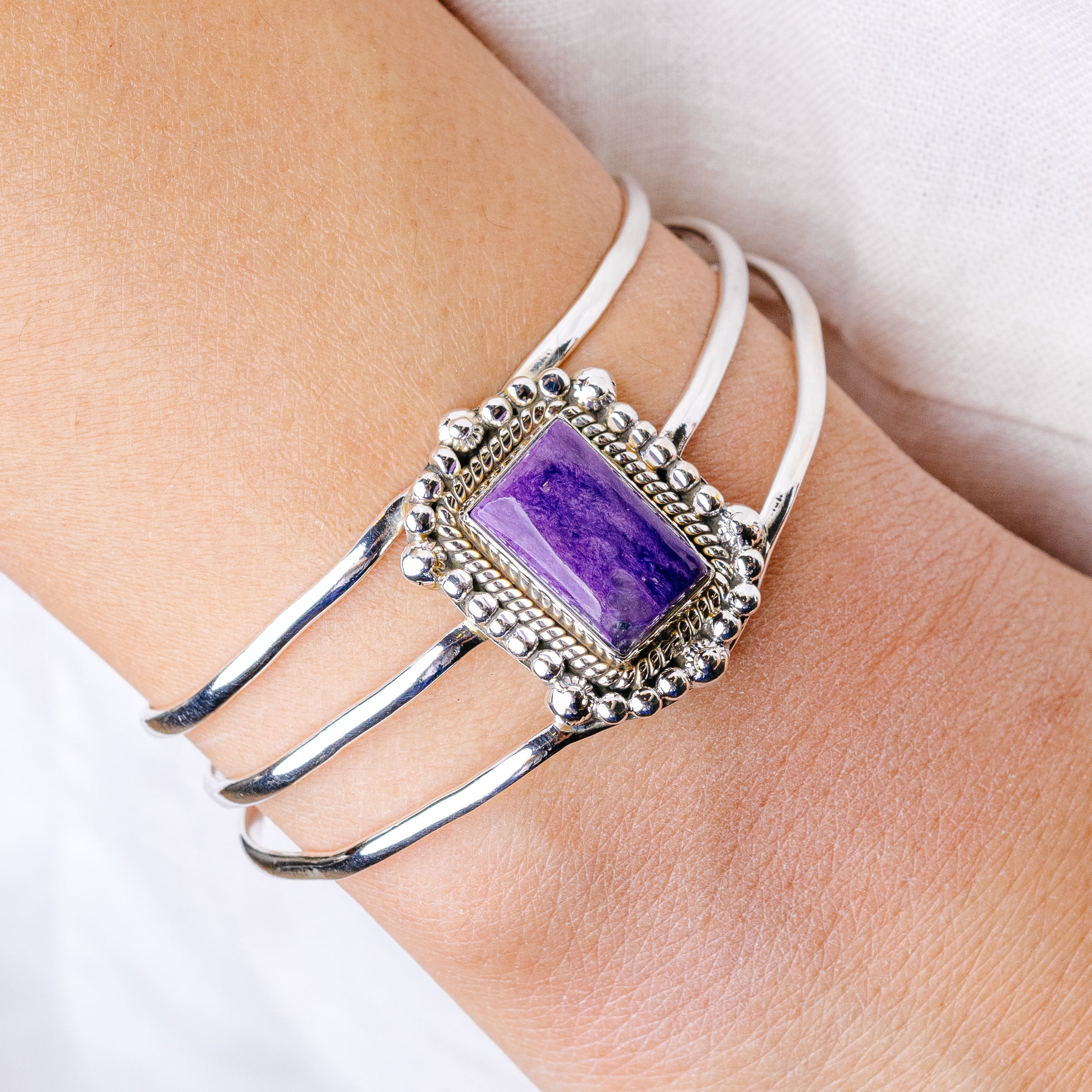Charoite Cuff Bracelet Adjustable (925 Sterling Silver) B90432