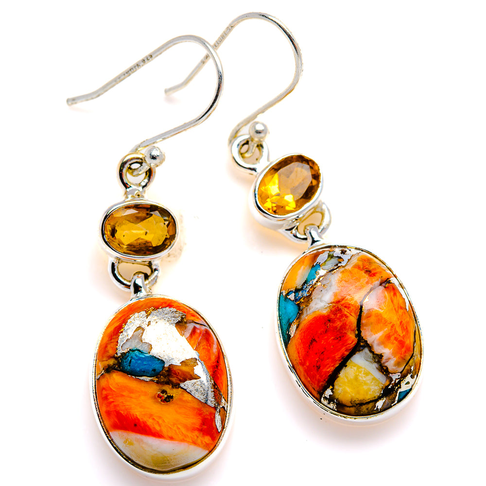 Spiny Oyster Turquoise, Citrine Earrings 1 3/4" (925 Sterling Silver) EARR432090
