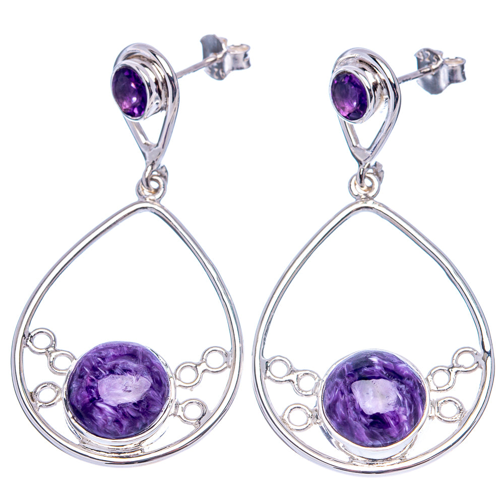 Premium Charoite, Amethyst Earrings 1 3/4" (.925 Sterling Silver)