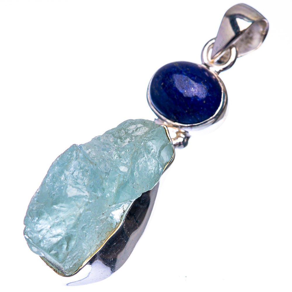 Raw Aquamarine, Lapis Lazuli 925 Sterling Silver Pendant 1 7/8" (925 Sterling Silver) PD38621