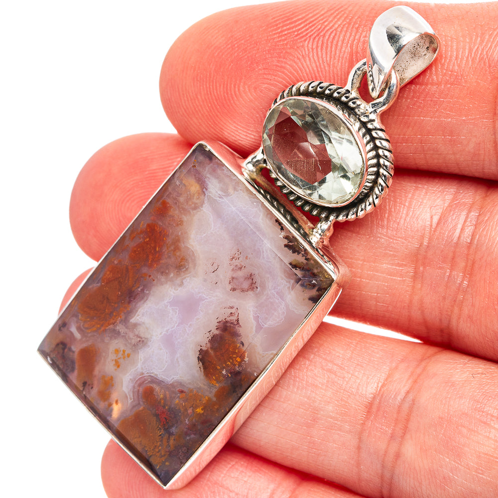 Premium Indonesian Plume Agate, Green Amethyst Pendant 2 1/8" (.925 Sterling Silver)