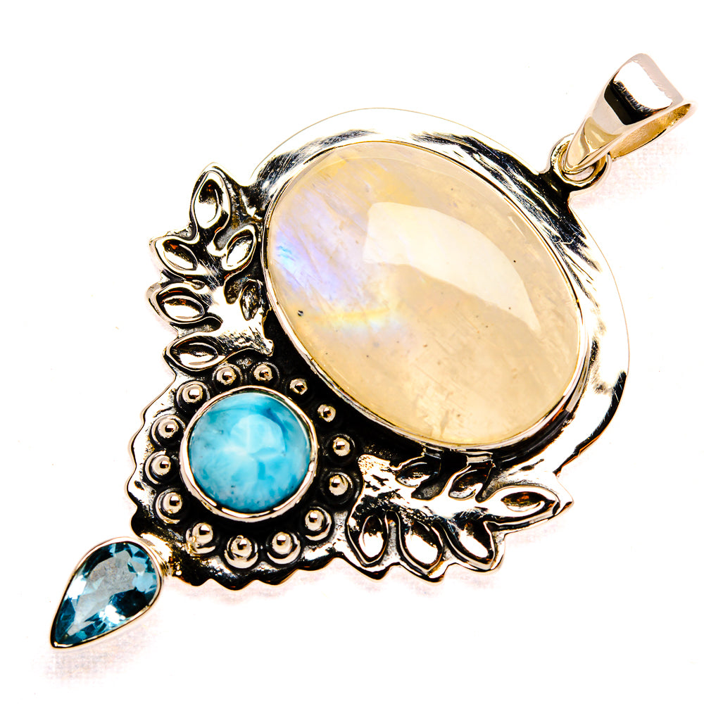 Signature Rainbow Moonstone, Larimar, Blue Topaz 925 Sterling Silver Pendant 2 1/8" (925 Sterling Silver) PD37800