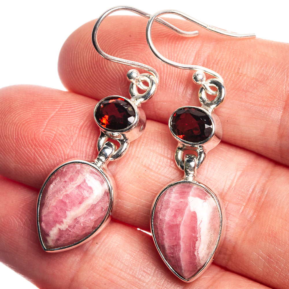 Rhodochrosite, Garnet 925 Sterling Silver Earrings 1 5/8"