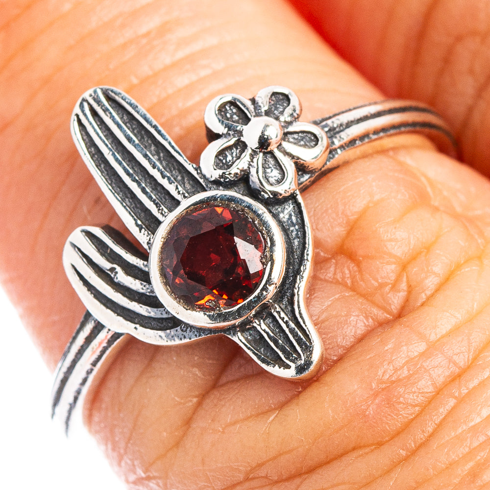 Garnet Cactus Dainty Ring Size 6.5 (.925 Sterling Silver)