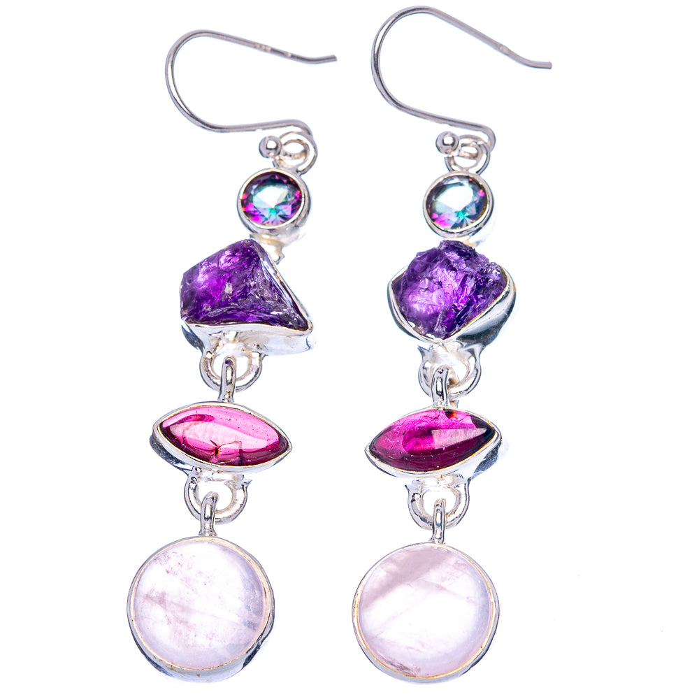 Premium Rose Quartz, Garnet, Amethyst, Mystic Topaz Earrings 2 1/4" (925 Sterling Silver) E1779