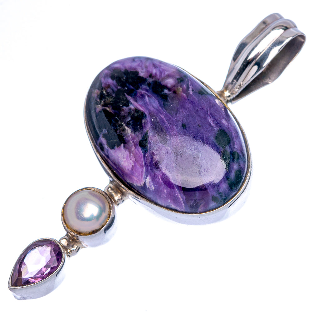 Charoite, Amethyst, Cultured Pearl Pendant 1 7/8" (925 Sterling Silver) P40111