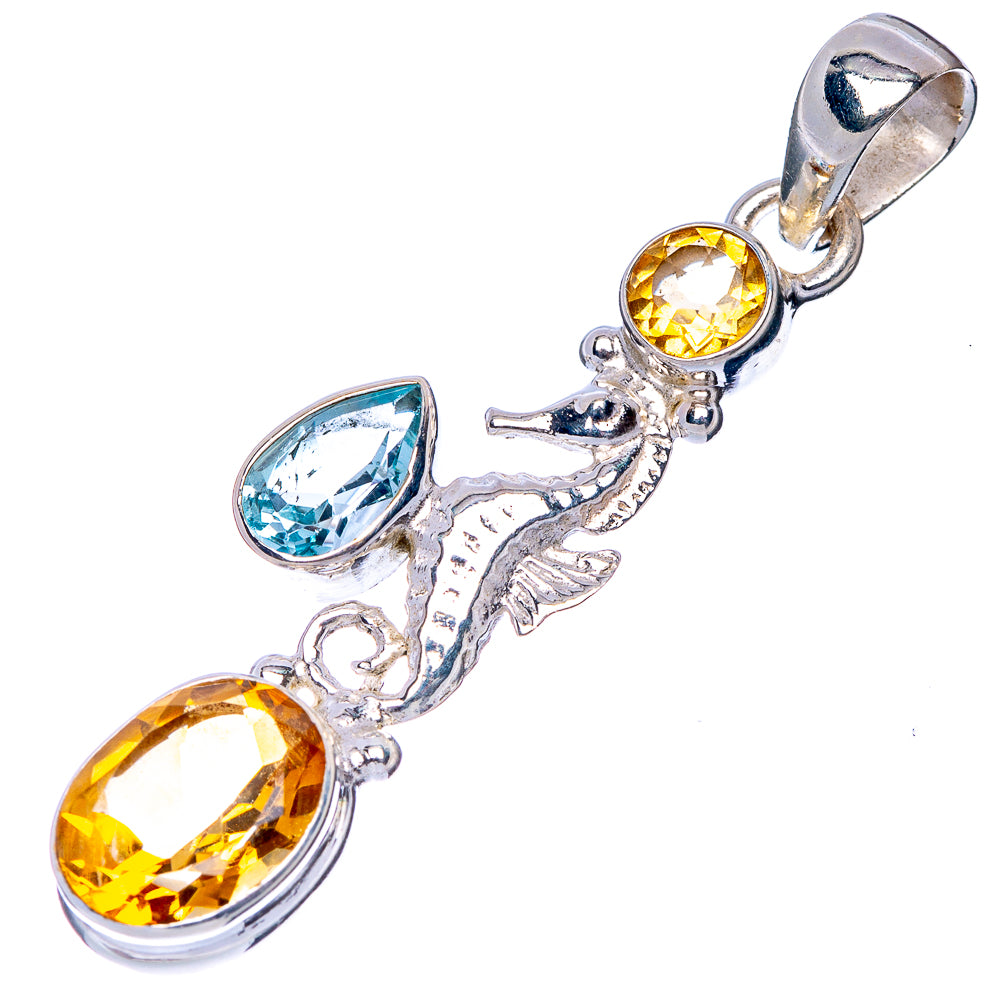 Faceted Citrine, Blue Topaz Seahorse Pendant 1 3/4" (925 Sterling Silver) P41145