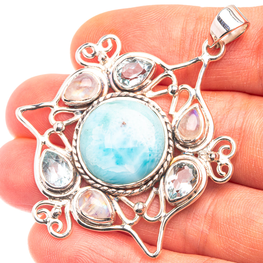 Signature Larimar, Rainbow Moonstone, Blue Topaz Pendant 2 1/8" (925 Sterling Silver) P38717