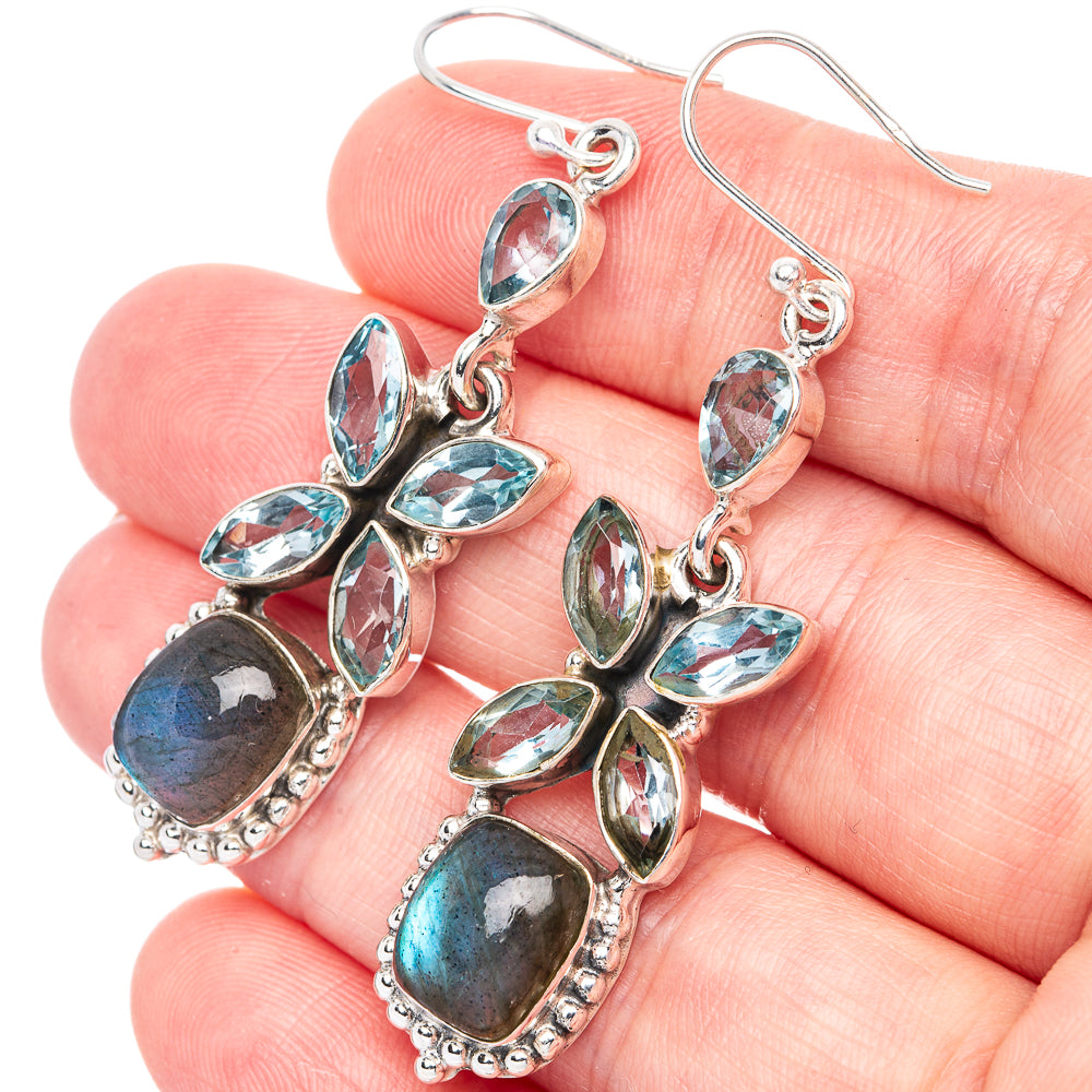 Premium Labradorite, Blue Topaz 925 Sterling Silver Earrings 2 1/4" (925 Sterling Silver) E1207