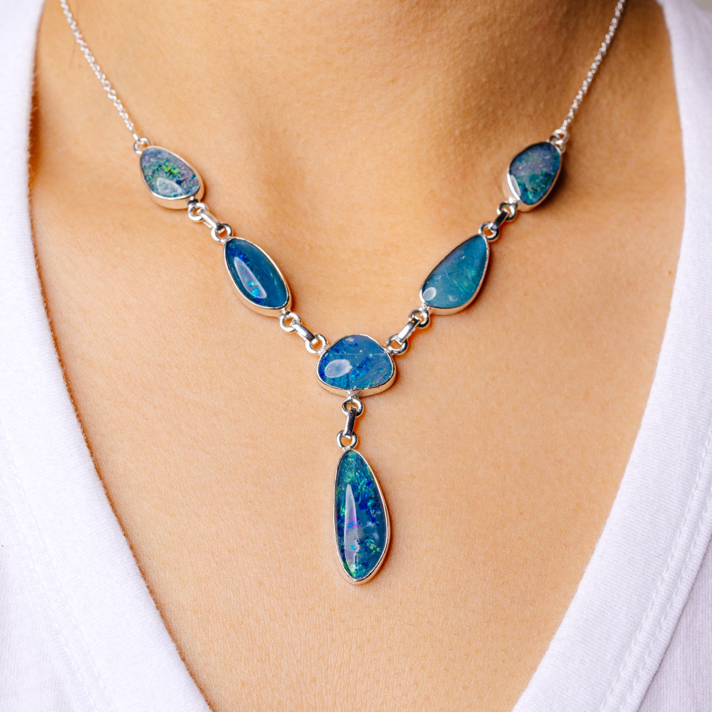 Rare Triplet Opal Necklace 16 5/8 To 18 3/8" (925 Sterling Silver) N90113