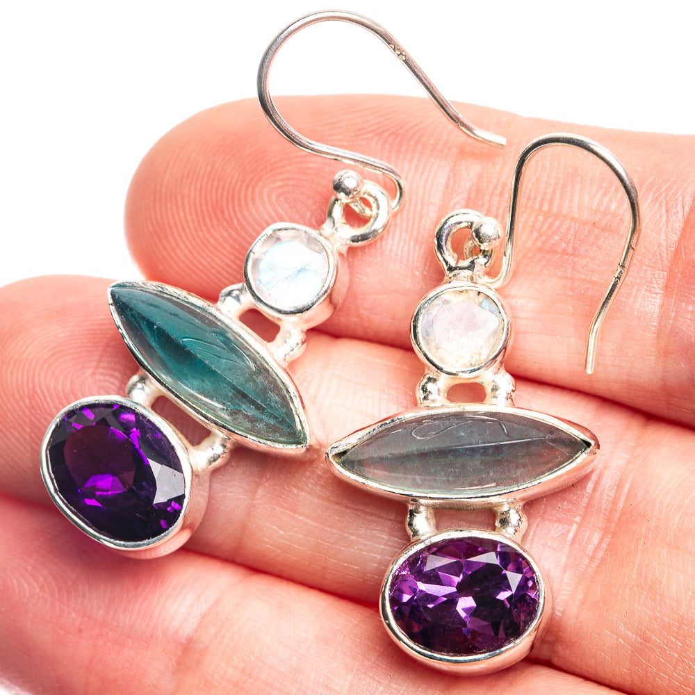 Blue Fluorite, Amethyst, Rainbow Moonstone Earrings 1 1/2" (925 Sterling Silver) E432767