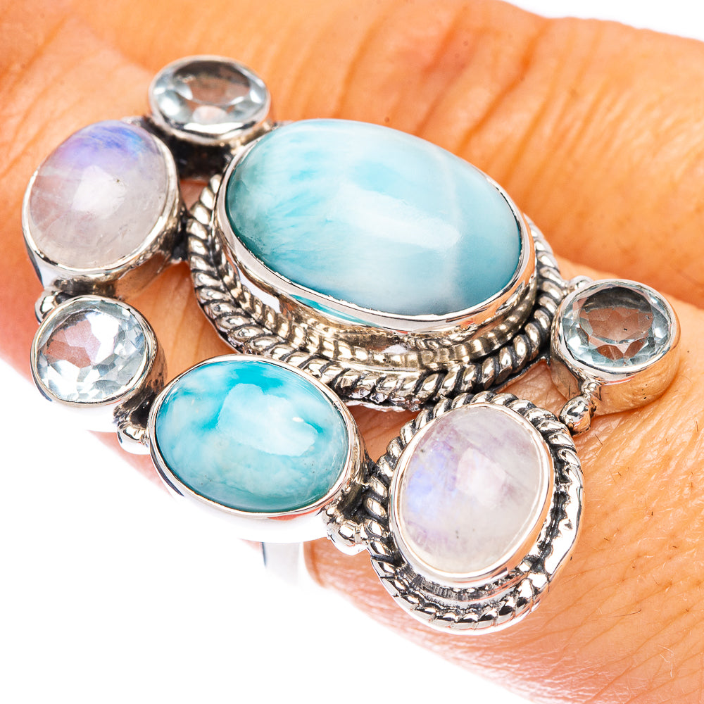 Signature Larimar, Rainbow Moonstone, Blue Topaz Ring Size 7 (925 Sterling Silver) R1790