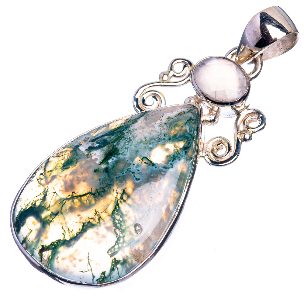 Green Moss Agate, Rainbow Moonstone 925 Sterling Silver Pendant 2"