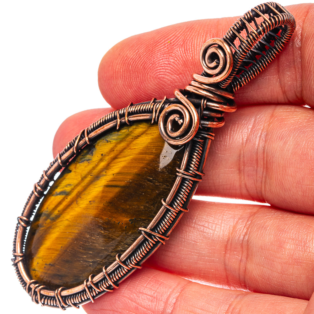 Tiger's Eye Wire Wrap Pendant 2 3/4" (Oxidized Copper)