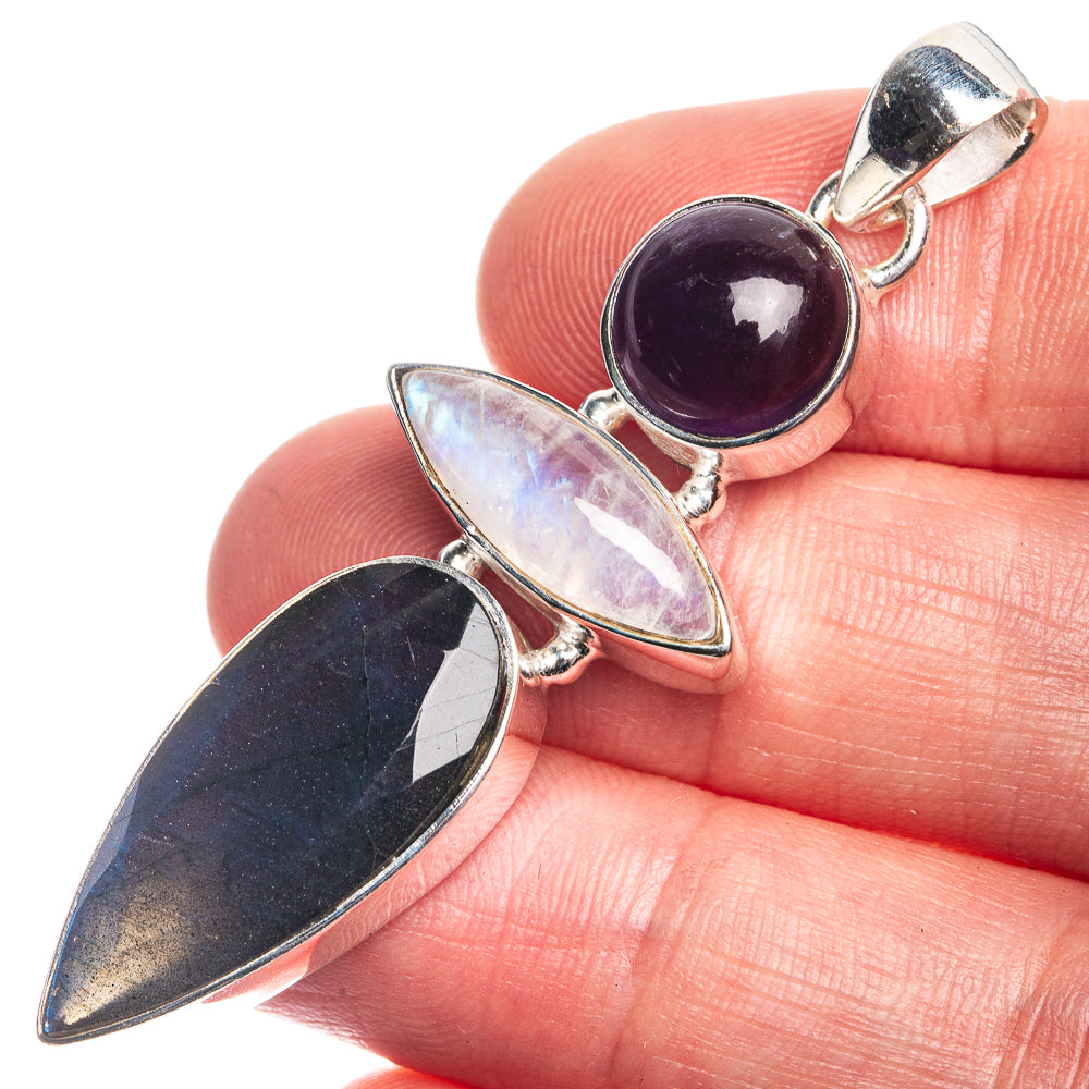 Labradorite, Rainbow Moonstone, Amethyst Pendant 2 1/4" (925 Sterling Silver) P39718