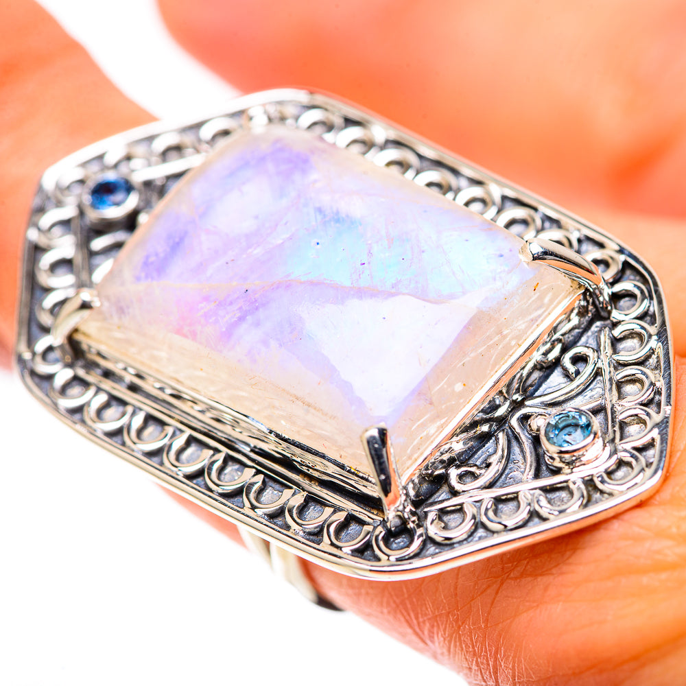 Signature Huge Rainbow Moonstone, Blue Topaz Ring Size 8.25 (925 Sterling Silver) RING138272