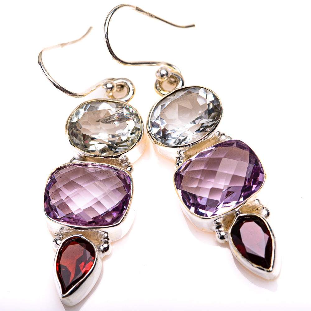 Amethyst, White Quartz, Garnet Earrings 1 3/4" (925 Sterling Silver) EARR432195