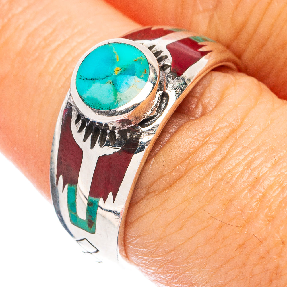 Rare Arizona Turquoise Coral Inlay Ring Size 7.75 (925 Sterling Silver) R4942