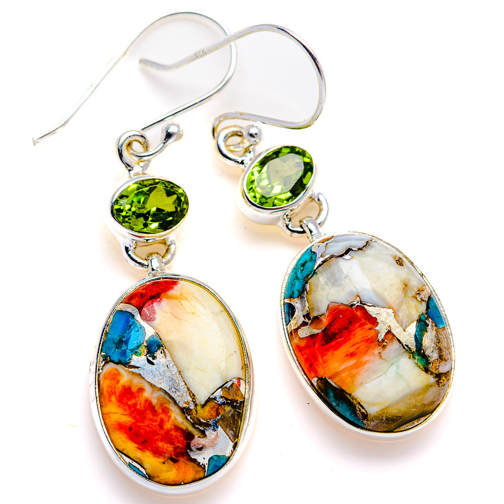 Spiny Oyster Turquoise, Peridot Earrings 1 3/4" (925 Sterling Silver) EARR432092