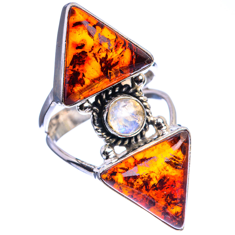 Large Baltic Amber, Rainbow Moonstone Ring Size 6.75 (925 Sterling Silver) R142504