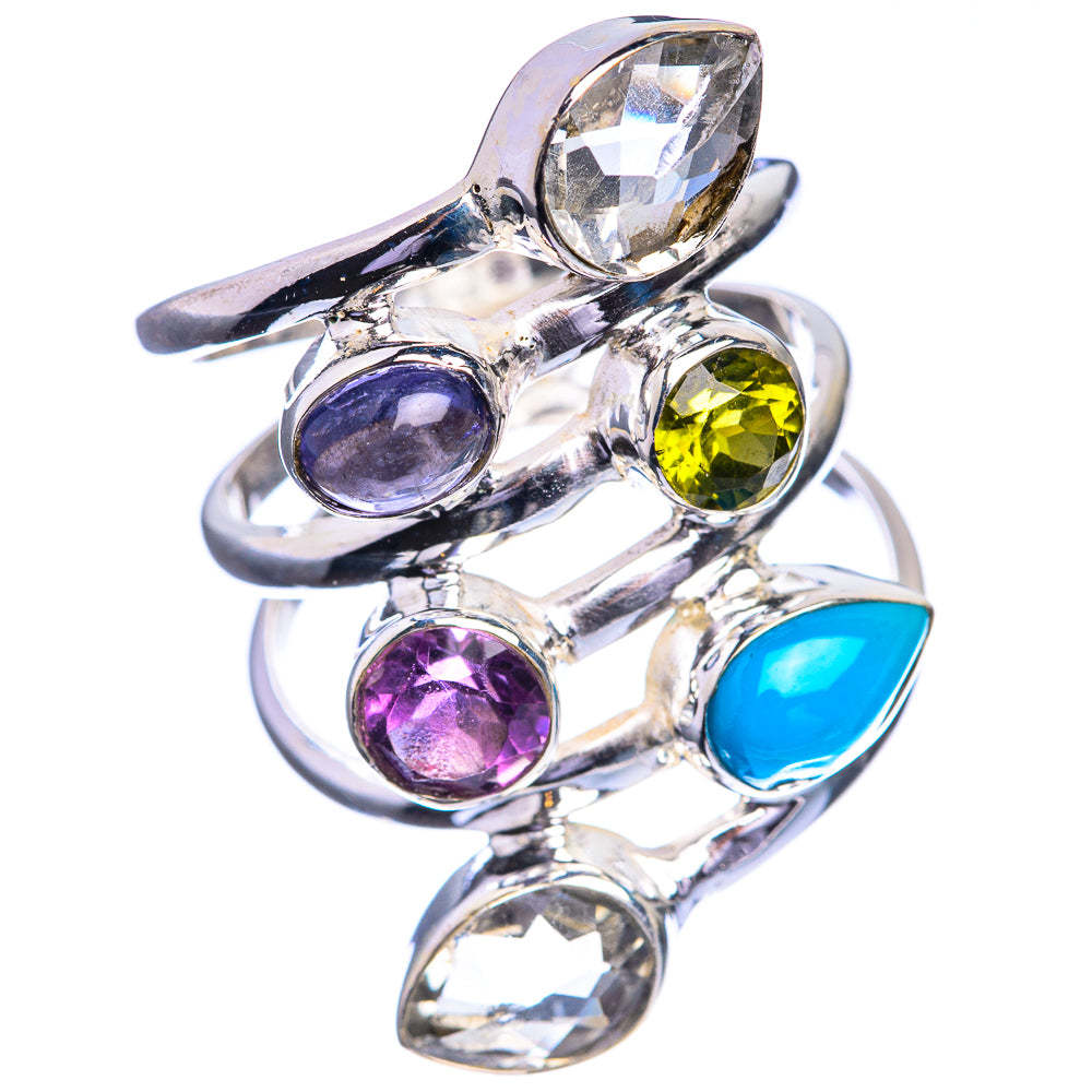 Large White Quartz, Tanzanite, Peridot, Amethyst, Sleeping Beauty Turquoise 925 Sterling Silver Ring Size 7.75