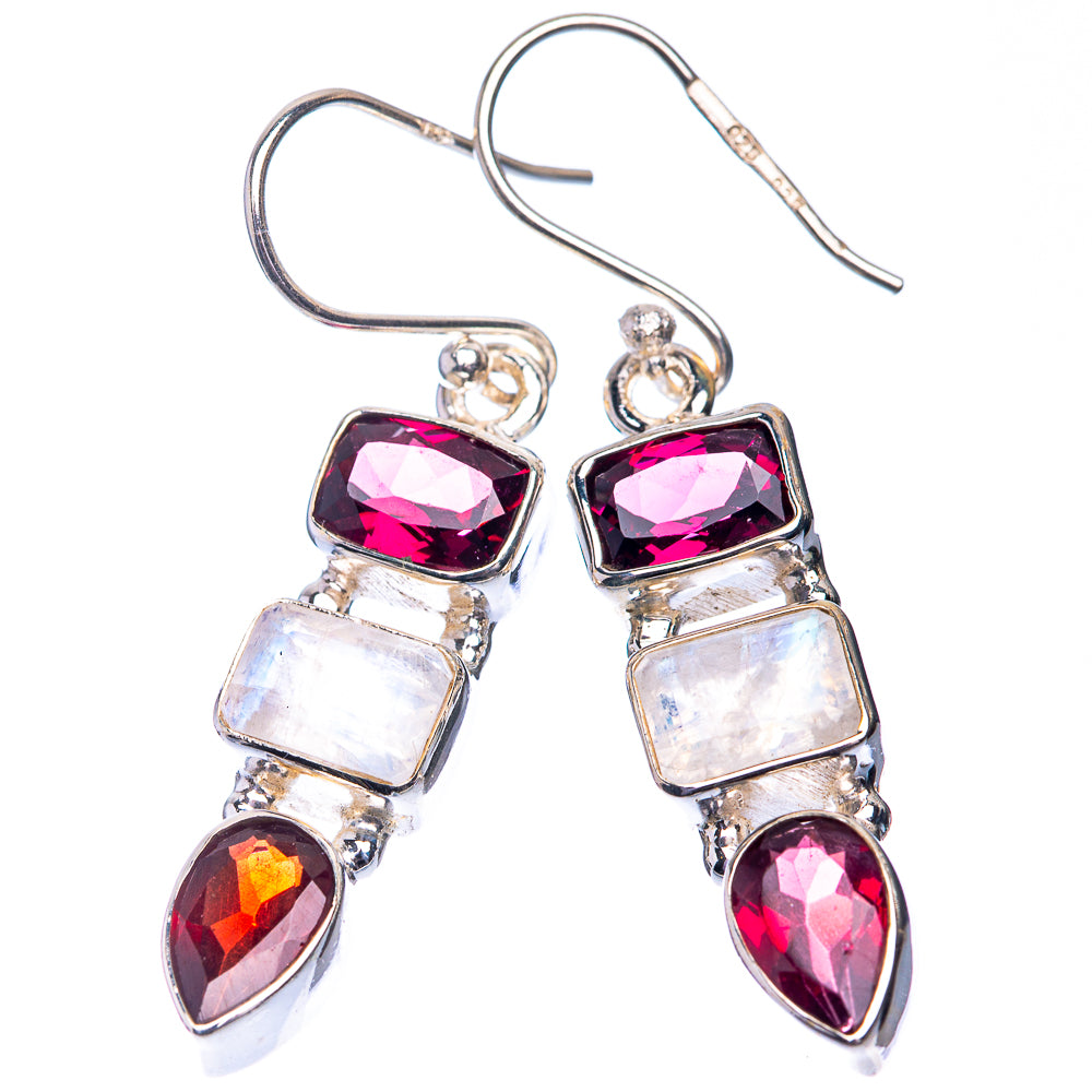 Rainbow Moonstone, Garnet Earrings 1 5/8" (925 Sterling Silver) E432553