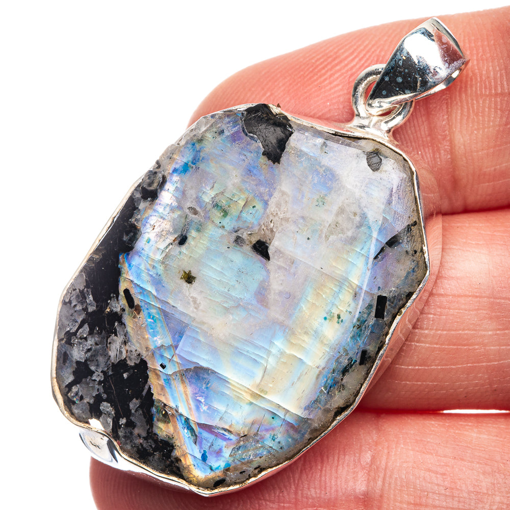 Raw Rainbow Moonstone Pendant 1 7/8" (925 Sterling Silver) P39171