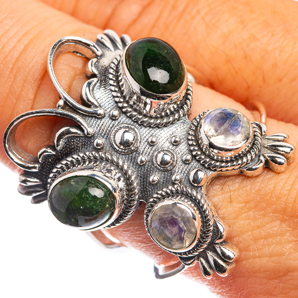 Large Green Tourmaline, Rainbow Moonstone 925 Sterling Silver Ring Size 8.75