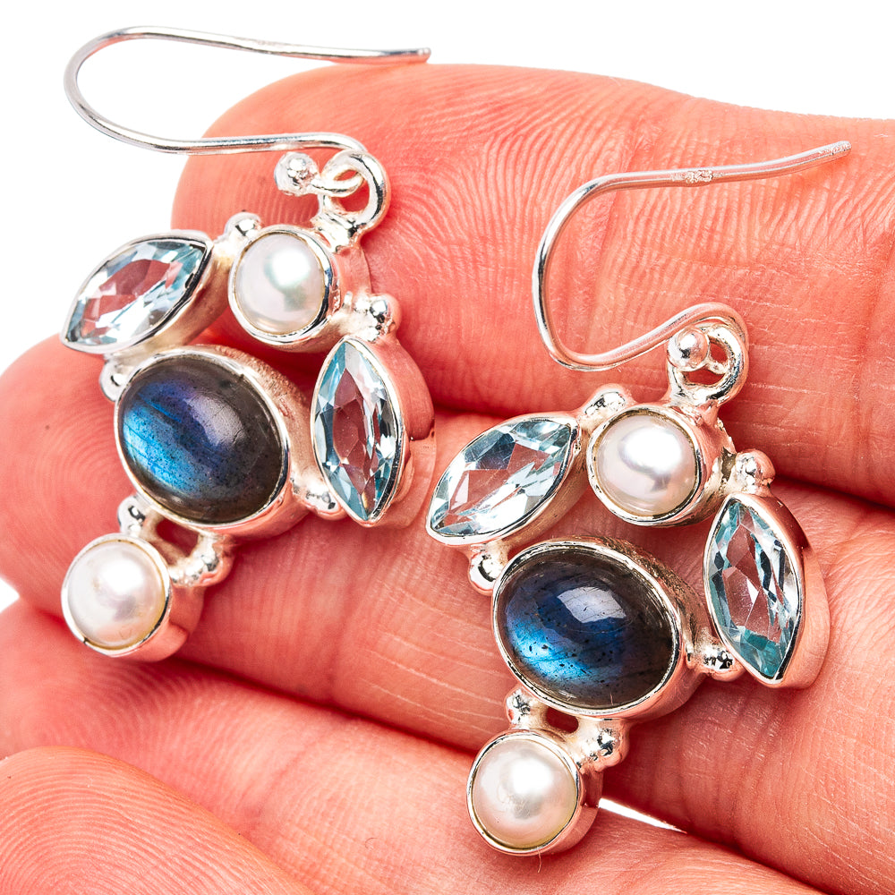 Premium Labradorite, Blue Topaz, Pearl Earrings 1 1/2" (.925 Sterling Silver)