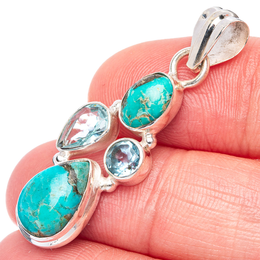 Rare Kingman Turquoise, Blue Topaz Pendant 1 5/8" (925 Sterling Silver) P41060