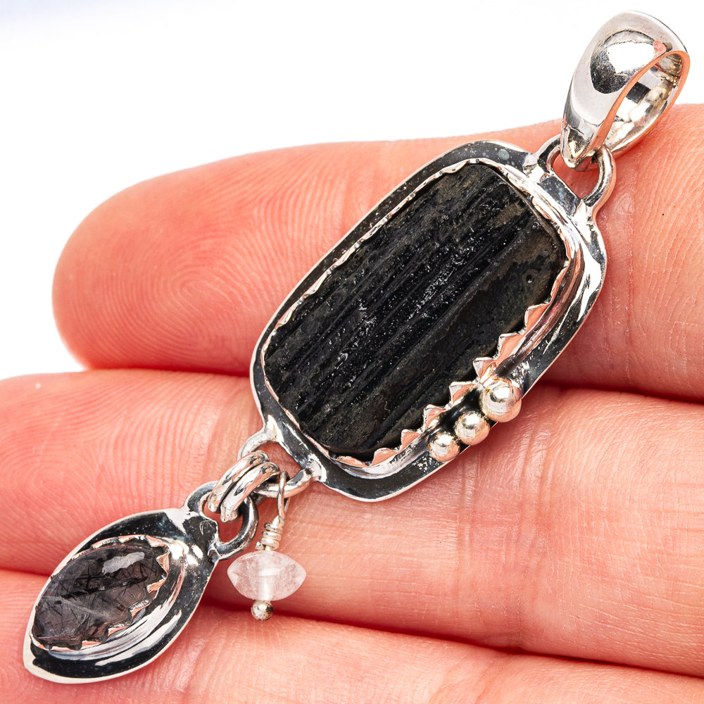 Tektite, Tourmalinated Quartz, Rainbow Moonstone 925 Sterling Silver Pendant 2 1/4" (925 Sterling Silver) P43670