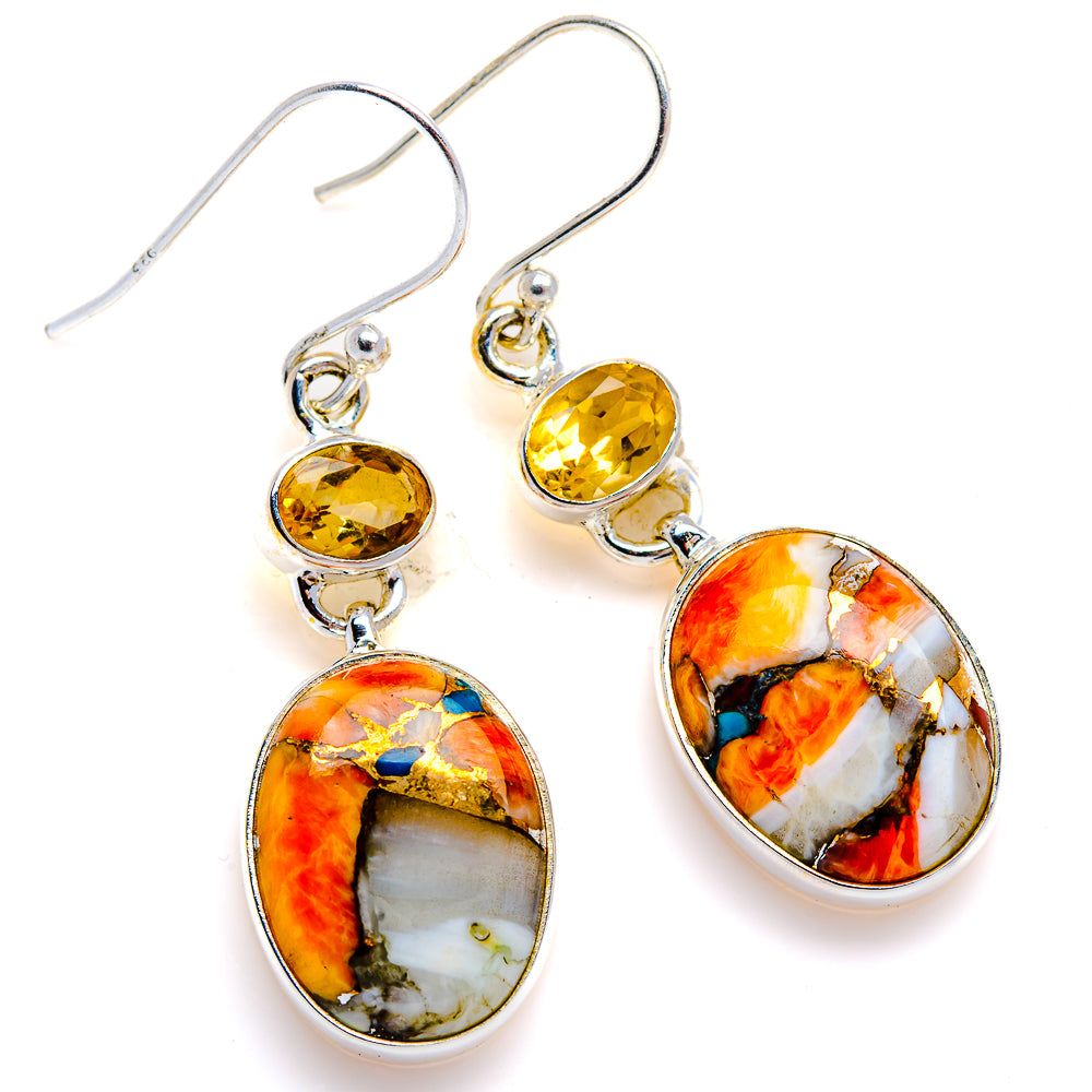 Spiny Oyster Turquoise, Citrine Earrings 1 3/4" (925 Sterling Silver) EARR432119
