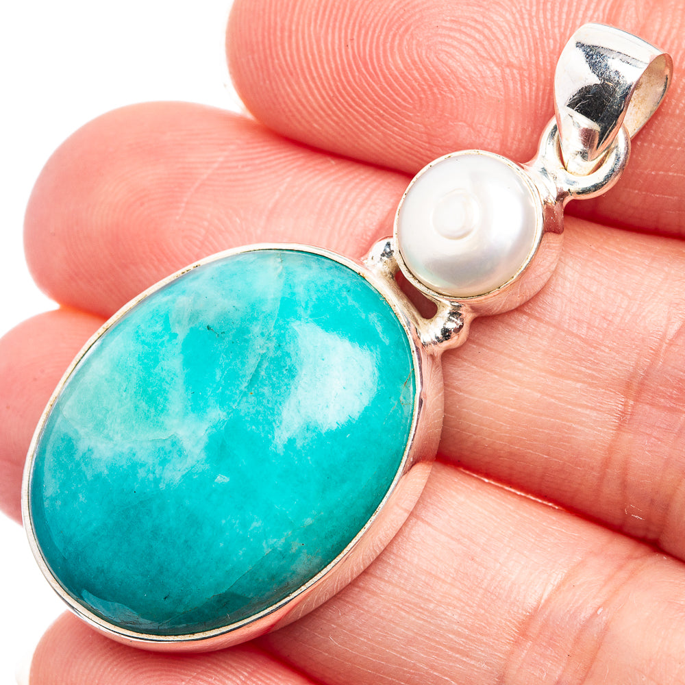 Peruvian Amazonite, Cultured Pearl Pendant 1 7/8" (925 Sterling Silver) P38999