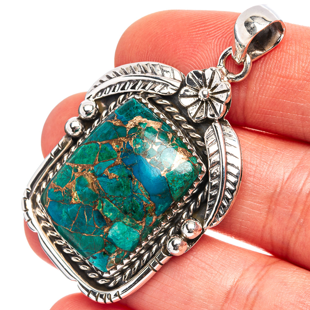 Premium Copper Chrysocolla Pendant 1 7/8" (.925 Sterling Silver)