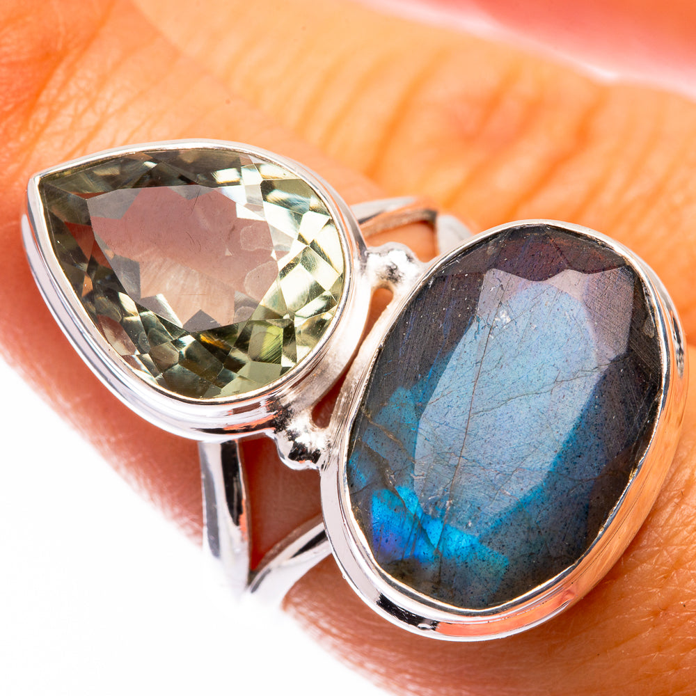 Large Labradorite, Green Amethyst Ring Size 6.75 (925 Sterling Silver) R141216