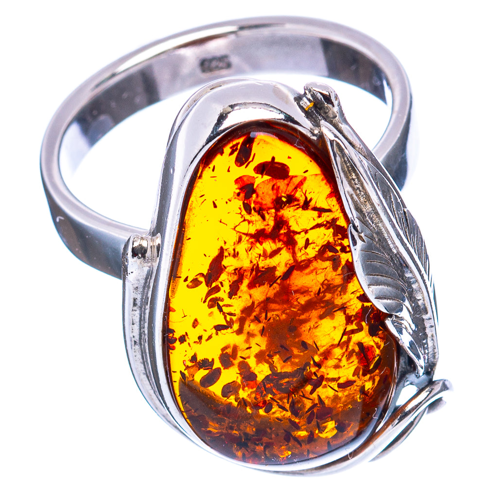 Baltic Amber Leaf Ring Size 8 Adjustable (.925 Sterling Silver)