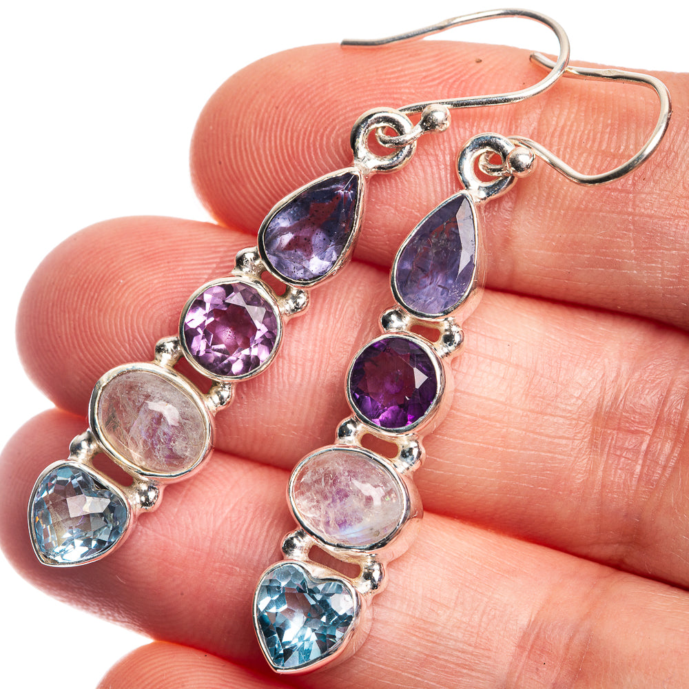 Rainbow Moonstone, Tanzanite, Amethyst, Blue Topaz Earrings 1 7/8" (925 Sterling Silver) E432470