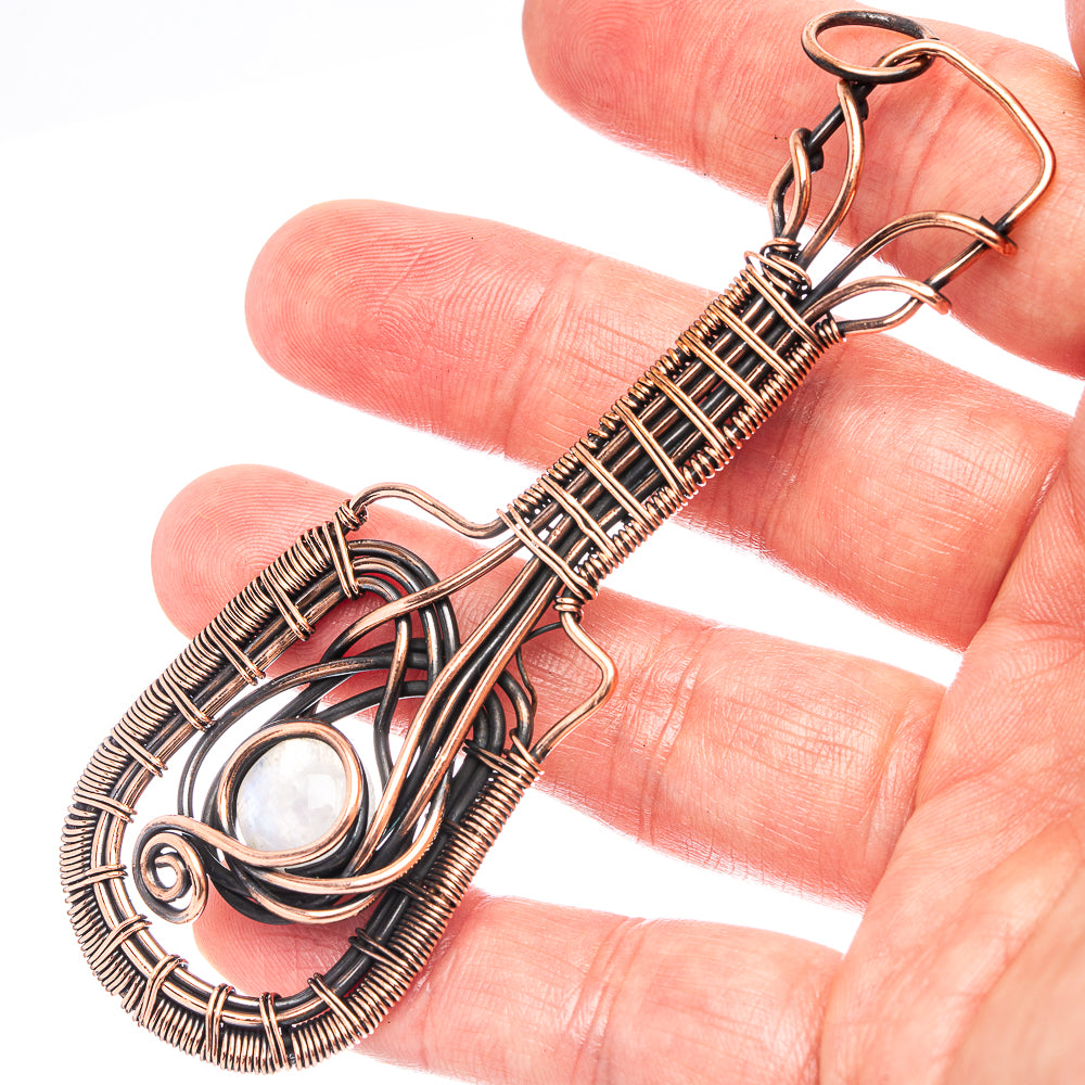 Rainbow Moonstone Wire Wrap Pendant 3 3/4" (Oxidized Copper)