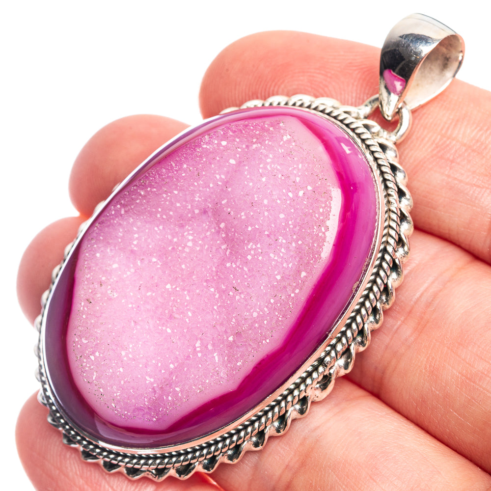 Large Pink Druzy 925 Sterling Silver Pendant 2 1/8"