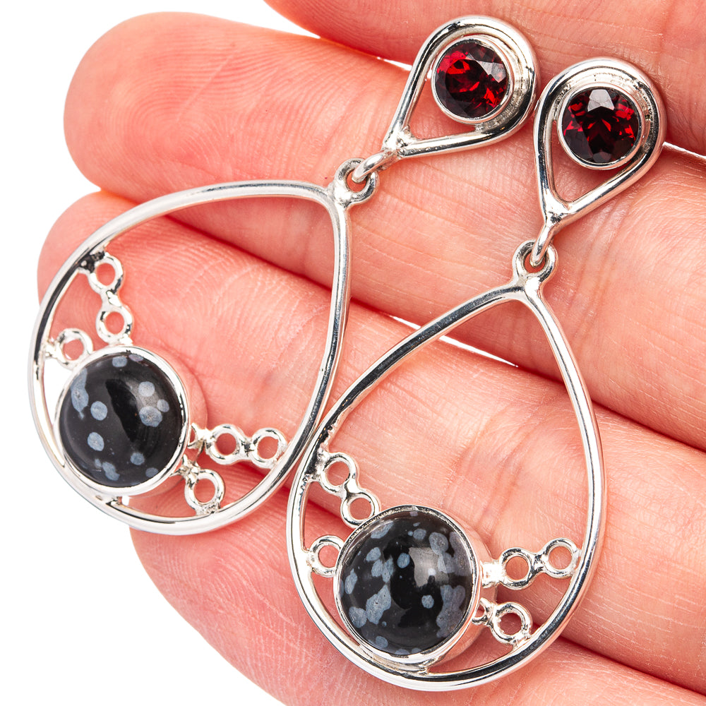Premium Snowflake Obsidian, Garnet Earrings 1 3/4" (.925 Sterling Silver)
