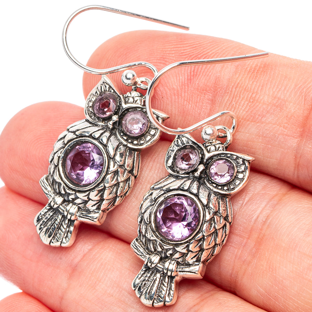 Dainty Faceted Amethyst Owl Earrings 1 5/8" (925 Sterling Silver) E2881