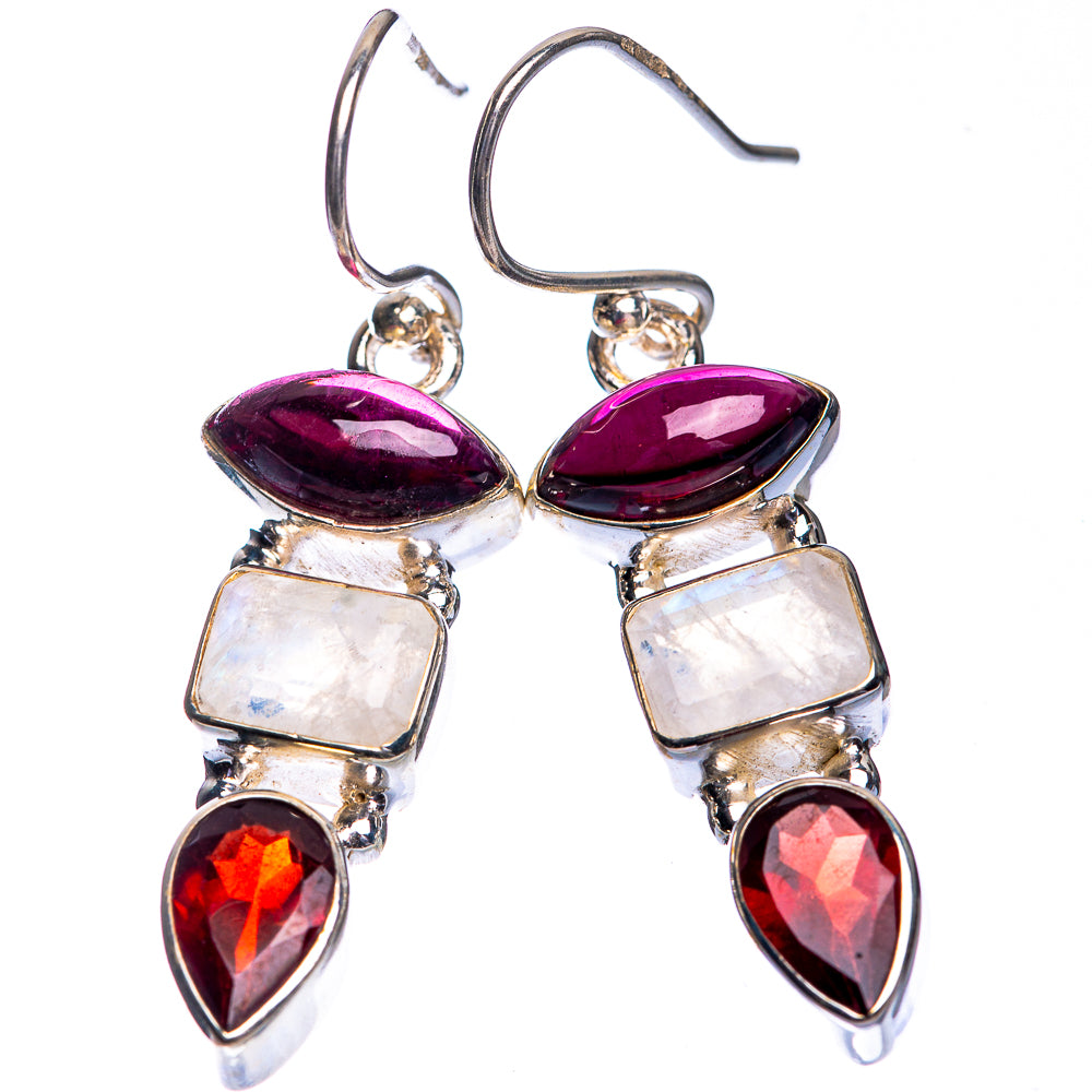 Rainbow Moonstone, Garnet Earrings 1 5/8" (925 Sterling Silver) E432760