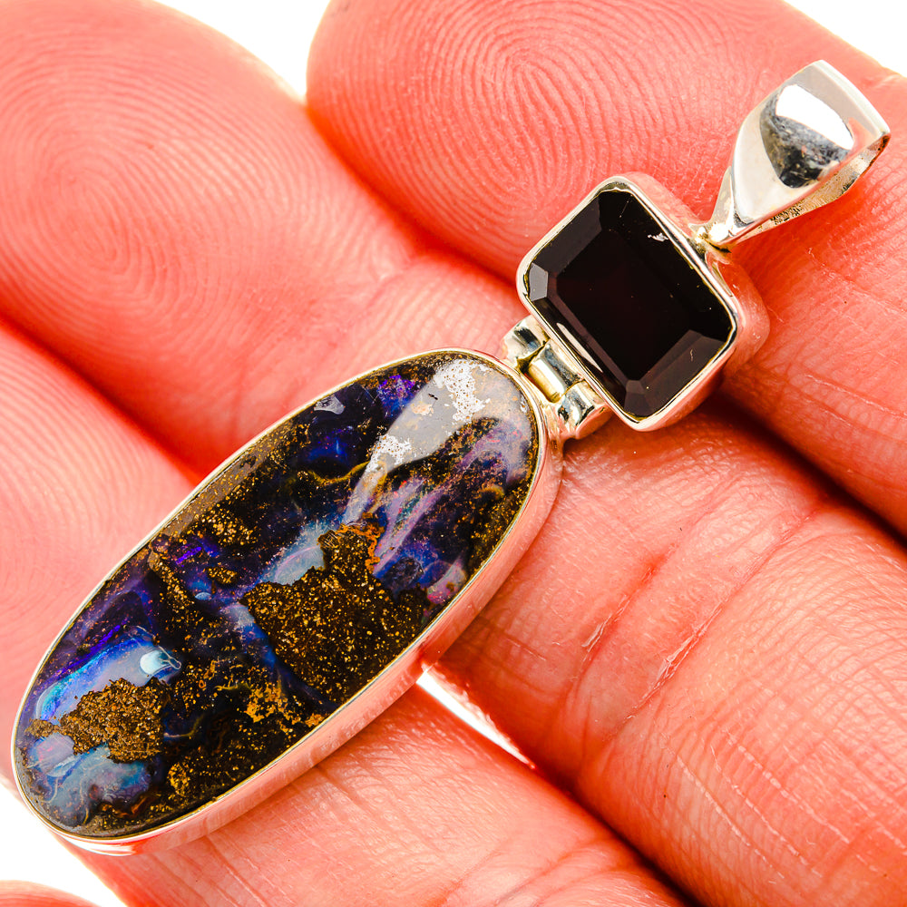 Boulder Opal, Black Onyx 925 Sterling Silver Pendant 2" (925 Sterling Silver) PD38354