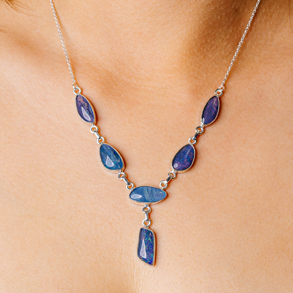Triplet Opal Necklace 16 7/8 To 18 5/8" (925 Sterling Silver) N90155